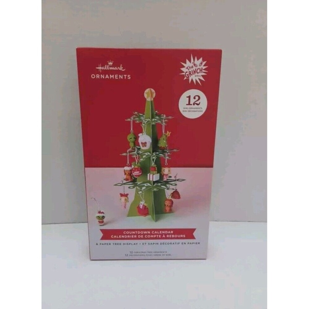 HALLMARK THE GRINCH COUNTDOWN CALENDAR CHRISTMAS TREE &‎ 12 MINI ORNAMENTS